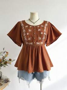 Rusttydustty Women's Brick Red Orange Round Neck Ruffle Sleeve Half-Button Embroidered Bohemian Casual Top, Suitable For Autumn And Halloween - Burnt Orange - View 5