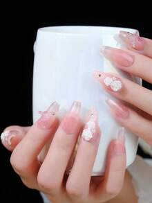 10pcs Medium Tapered Fake Nails With Nude Pink Base & Brown Glitter Gradient, 3D White Roses, Pearl & Rhinestone Accents Gentle Fairy Style Handmade Press On Acrylic Nails Reusable With Jelly Glue Sticker, Stick & File For Women Daily Or Party Wear - Multicolor - View 2