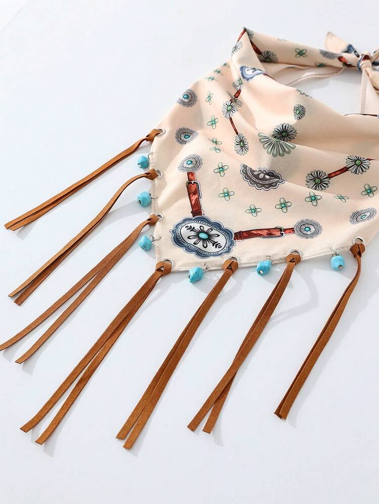 1pc Western Women's Fashion Cowgirl Turquoise Print Western Cowboy Style Bandana Scarf, Multi-Functional Hair Accessory Hair Scarf Square Scarf, Polyester Material, Suitable For Daily Versatile Wear - Multicolor - View 4