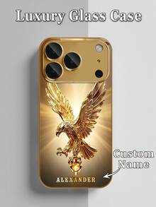 1件 DIY 定製姓名鍍金展翅鷹鑽石吊墜圖案，電鍍金強化玻璃材質手機殼，適用於 iPhone 17ProMax/Apple 16 Pro Max/15/14 Plus/13 Pro/12 Pro Max/11/XsMax/8/7/6Plus - 金色 - 查看 5
