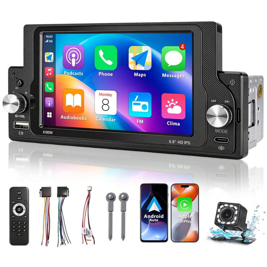 1DIN Touchscreen Car Stereo With Wireless CarPlay, 5.5-Inch IPS Display, Android Auto, FM Radio, Bluetooth, USB, MirrorLink, And Camera - A - View 1