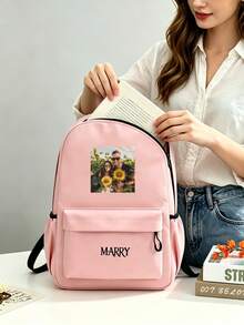 Customizable Shoulder Strap, Customizable Name, Customizable Text, Customizable Photo, DIY, Solid Color, Minimalist, Large Capacity, Lightweight, Comfortable Strap, Zipper Closure, Suitable For School, Work, Students, College Students, High School Students - Pink - View 4
