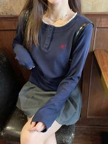 Autumn/Winter Lace Patchwork Round Neck Button 2 In 1 Long Sleeve T-Shirt Base Layer Top - Navy Blue - View 8