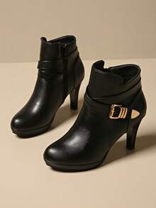 Autumn/Winter European And American New Style Ankle Boots With Side Zipper Fashion Boots Women's Chunky Heel High Heel Round Toe Boots - Black - View 7
