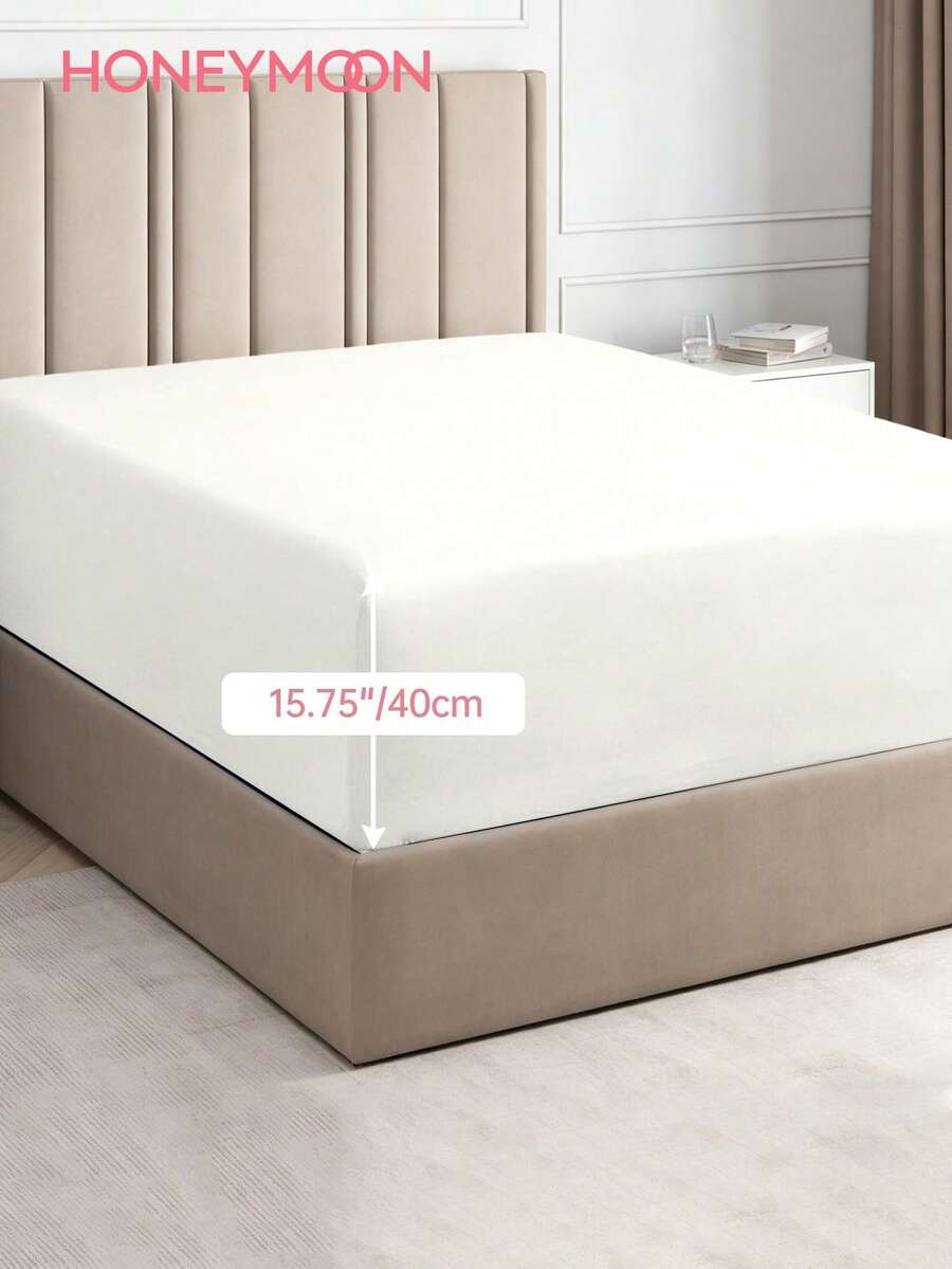 HONEYMOON 1件超柔軟純色床墊包單,輕盈雲朵感床品,15.75英吋/40公分深口袋,適用所有床尺寸-單人床、雙人床、加大雙人床、特大雙人床,適合居家床品與學校宿舍必需品,Oeko-Tex認證,奶油色 - 米色 - 查看 1
