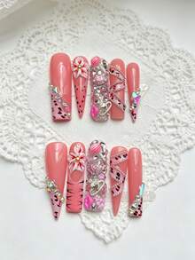 10pcs French Tip Zebra Stripe Chain Full Coverage Rhinestone 3D Red Lips Heart Acrylic Nails For Hands, Vacation, Vacation Outfits, Graduation, Press On Nails Suitable For Girls, Holiday, Wedding, Party - Hot Pink - View 14