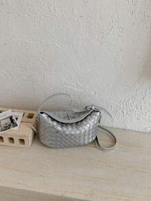 Bolso de mano minimalista tejido de moda de nicho para mujeres 2026 nuevo estilo elegante versátil bolso de hombro cruzado tipo cubo - Plateado - Ver 6