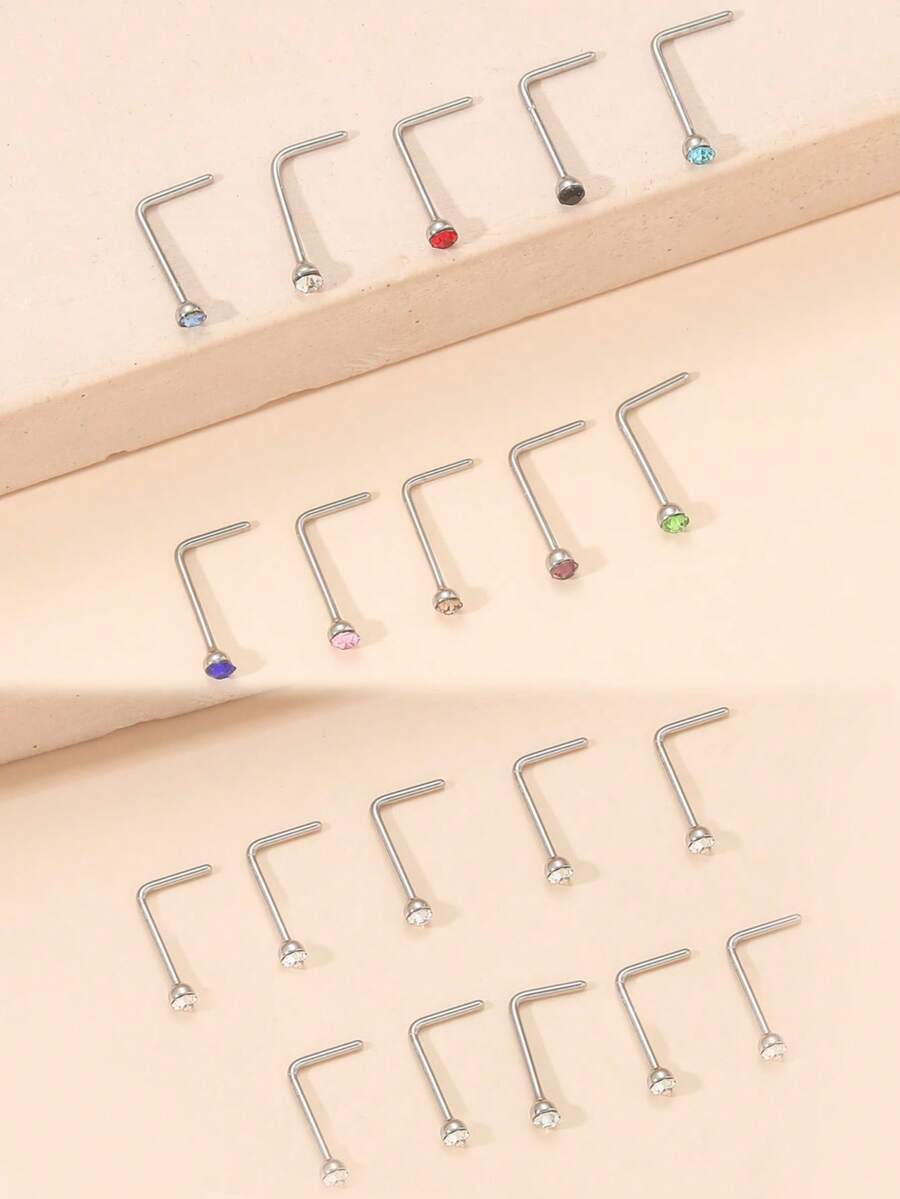 20入隨機色水鑽基本簡約女款不鏽鋼鼻釘 - 白色L+彩色L - 查看 1