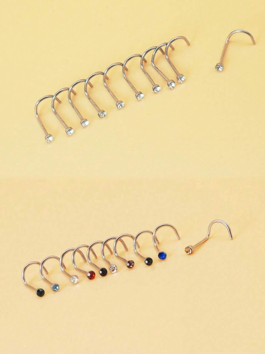 20入隨機色水鑽基本簡約女款不鏽鋼鼻釘 - 白色S+彩色S - 查看 1