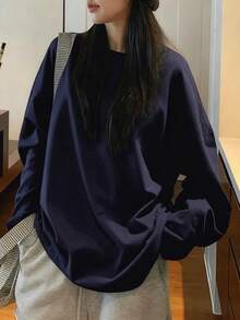 女款學生純藏青色極簡百搭層搭長袖寬鬆多功能羅紋中性上衣T恤，適用居家、日常、街頭、通勤 - 藏蓝色 - 查看 5