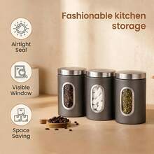 Myrothcane 3Pcs Airtight Stainless Steel Storage Canisters With Visible Window, Coffee Bean Tea Sugar Spice Sealed Jars, Countertop Kitchen Organizer Container Set - Multicolor - View 7