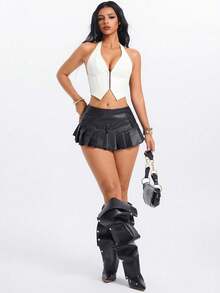Yuwenier Vintage PU Tank Top, Deep V-Neck, Asymmetrical Hem, Perforated Eyelet Lace-Up Backless Halter Top White - White - View 5