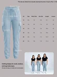 Women's Fashion Elegant Solid Color Casual Pocket Elastic Waist Drawstring Cargo Pants Spring - Blue 5 - View 6