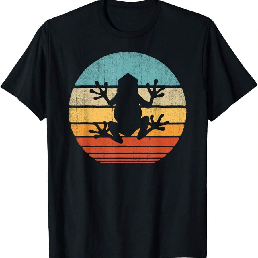 Frog Retro Vintage 60s 70s Sunset Amphibian Animal Men Women T-Shirt - Black - View 1