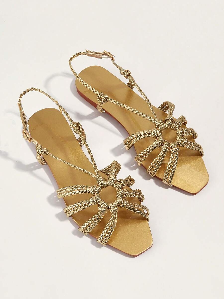 Gold Handmade Woven Strap Fashion Women's Flat Sandals, Random Woven Pattern - Gold - View 1