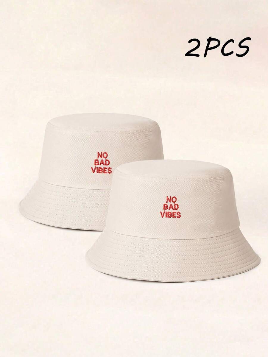 1/2件裝 中性刺繡字母 NO BAD VIBES 防曬透氣新款百搭漁夫帽,適合戶外休閒穿著 - 米色 - 查看 1