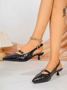 Shiny Rhinestone Bow Silver Elegant Pointed Toe Slimming Women's High Heel Slip-On Slouchy Chunky Heel Pumps - Black - View 7