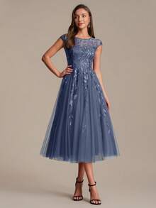 EVERPRETTY Elegant Dusty Blue Evening Midi Dress With Leaf Sequin Embroidered Sheer Neckline And Tulle Skirt For Wedding Guest Semi Formal Dress - Dusty Blue - View 4