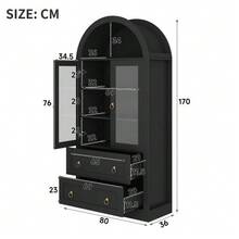 Tall Curved Storage Cabinet (80 X 36 X 170 Cm) With Drawers And Doors, For Kitchen And Living Room, Glass Doors, Black - Black - View 7