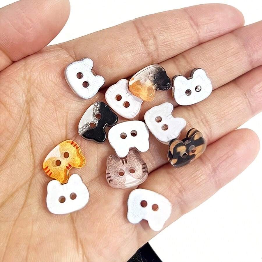 10pcs/20pcs Resin 1.3cm Random Mixed Color Cute Cartoon Shaped Cat Two-Hole Buttons DIY Hand-Sewn Cardigan Shirt Dress Hair Accessory Clothing Decoration Buttons - 1# 10pcs Random Mixed Color - View 1