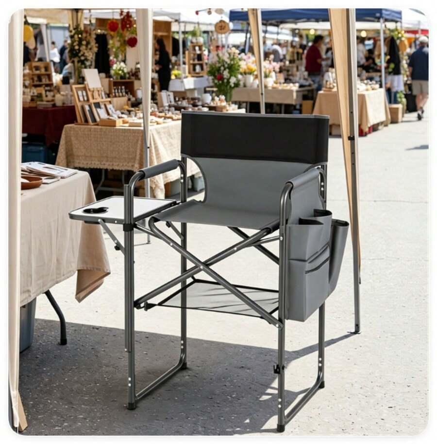 26" Tall Director Chair, 350LBS Heavy-Duty Folding Makeup Artist Chair With Side Table & Storage Pockets, 600D Oxford Portable Chair For Events - Grey - View 1