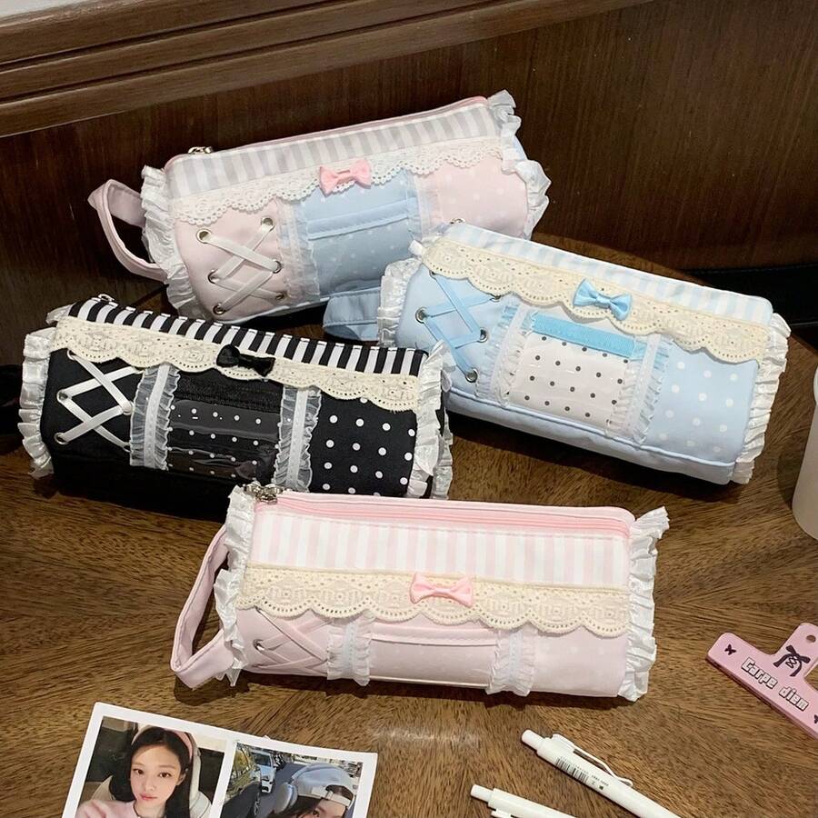 Large Capacity Portable Lace Edge Pencil Case, Suitable For Organizing Stationery At School, Office Or Home, Keeps Desktop Tidy, Ideal Gift Choice For Back To School Season Or New Year - Multicolor - View 1