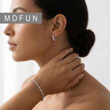 MDFUN 18K White Gold Plated Jewelry Set 3.5mm Marquise CZ Tennis Bracelet, 10mm CZ Hoop Earrings - Bracelet + Earrings - View 3
