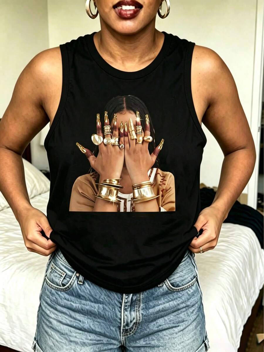 Women Round Neck Vest Top, Portrait Graphic Printed Top, Suitable For Spring, Summer And AutumnUnisex Vintage Washed Tank Top - 黑色5 - 查看 1