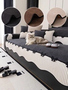 SANMOSPIN 1PC Irregular Chenille Sofa Cushion, Black Bow Decoration On Hem, All-Season Sofa Cover, Anti-Cat Scratch, Pet-Friendly, Soft And Comfortable, Suitable For 1/2/3/4 Seater, Living Room, Bedroom, Home Decor For Various Occasions - Beige - View 1