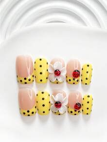 10件裝清新夏季風手工穿戴式美甲，Polygel美甲套組，小蟲與花瓣圖案，黃色指甲油，可愛甜美風，附美甲工具，3種尺寸可選，方型/短方型/杏仁型，適合派對、跳舞、日常配戴 - 彩色 - 查看 4