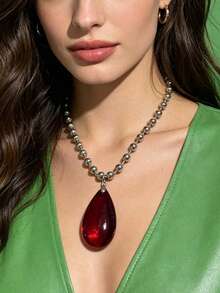 1pc Silver-Tone Premium Large Raindrop Pendant Necklace For Women, Suitable For Daily Wear, Casual Vacation Jewelry - Large Water Droplet - View 8