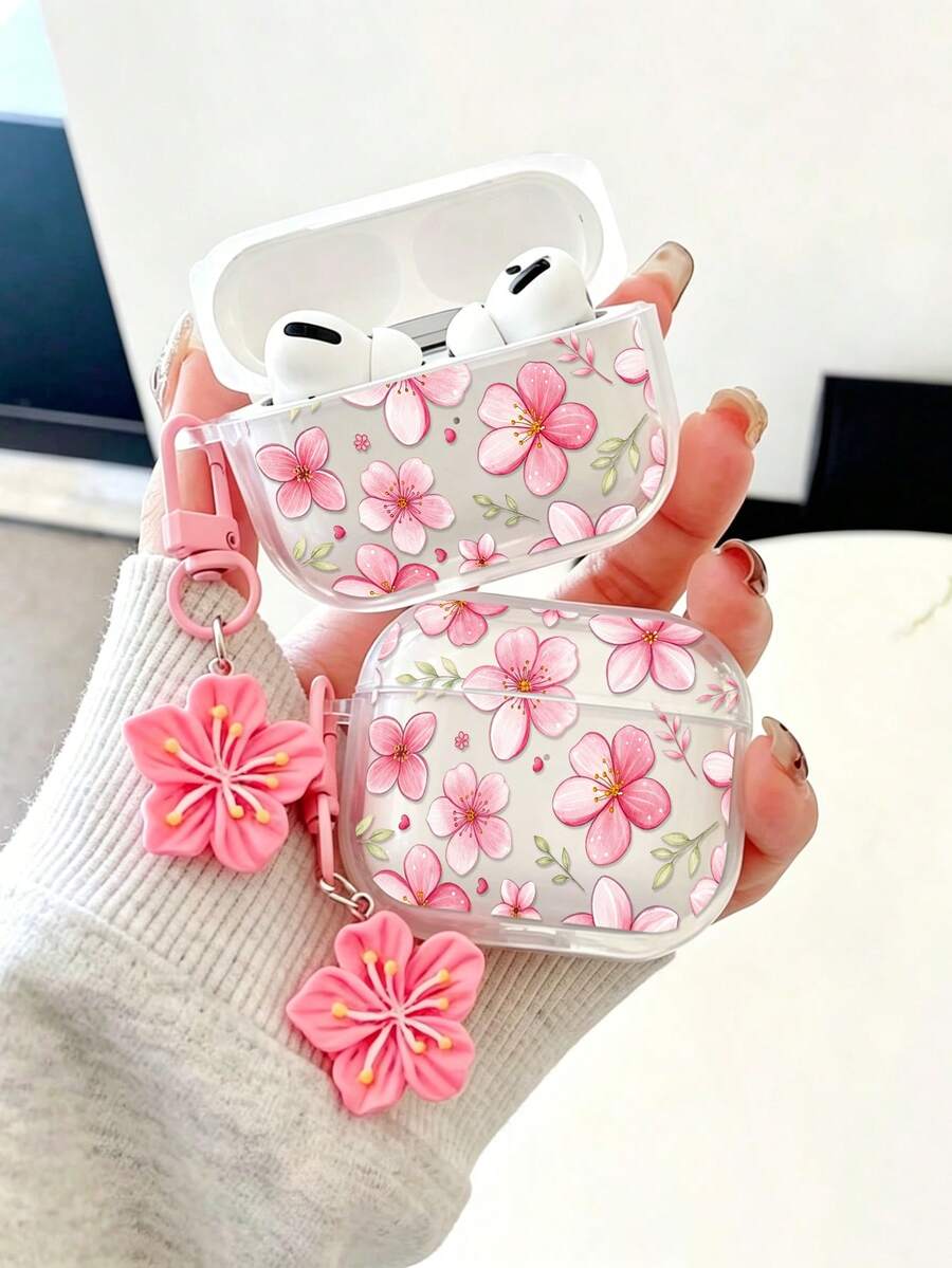 花卉彩繪透明按鈕時尚藍牙耳機保護殼,相容 S4,Apple 無線藍牙耳機殼,亮面 Pro2 全包覆 Pods 3/1/2/3 代防摔軟殼 - 彩色 - 查看 1