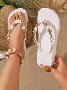 OXLL Sandal Platform Wedges Wanita Gaya Bohemian dengan Hiasan Bintang Laut Logam dan Rhinestone, Sol Lembut, Sandal Jepit Pantai Luar Ruangan - Putih - View 5