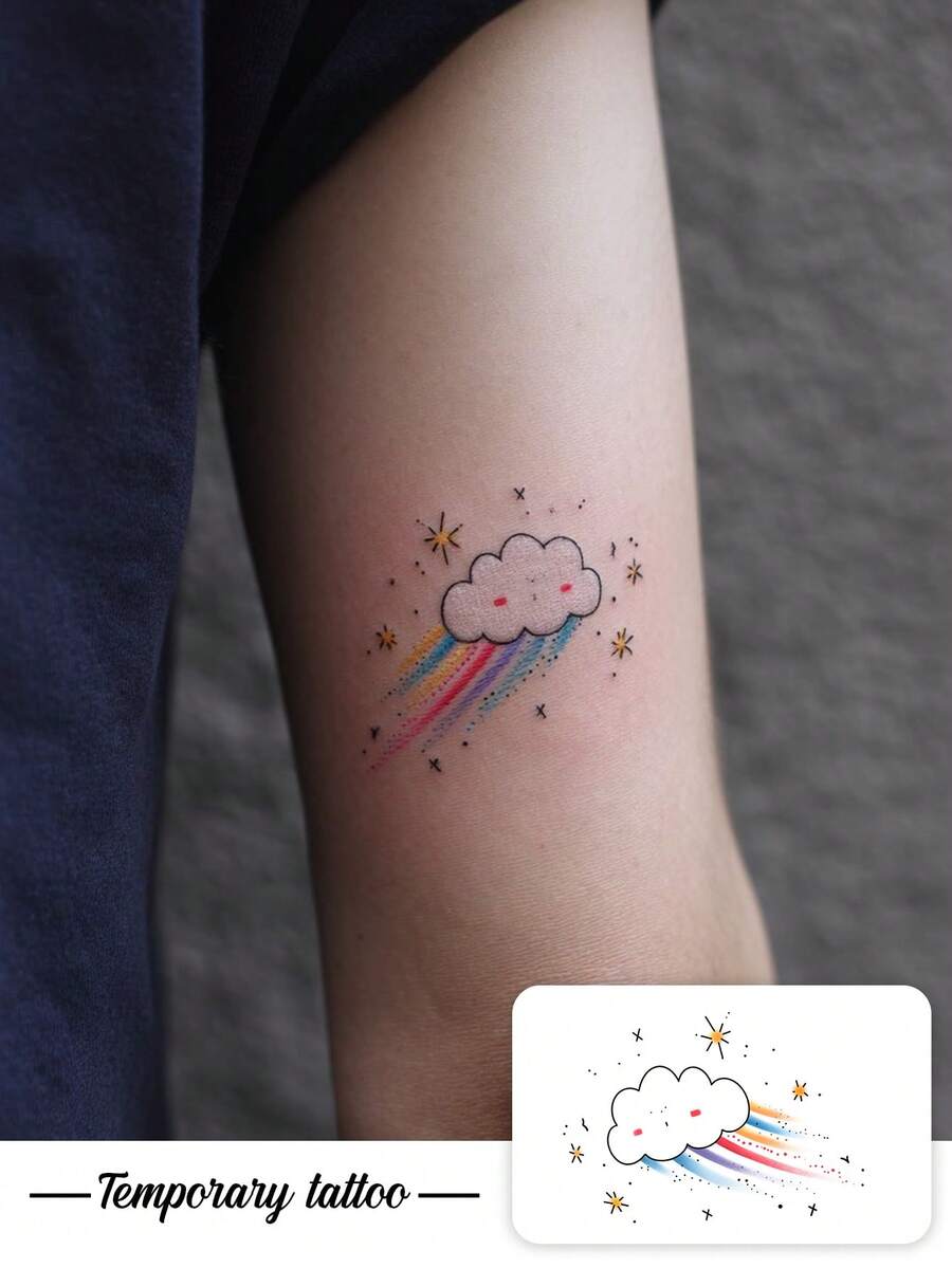 1件裝可愛卡通雲朵彩虹流星夜空圖案臨時紋身貼紙，逼真紋身設計，適合日常佩戴、單身派對伴手禮、音樂節、遊戲、畢業禮物，可維持3-5天 - 彩色 - 查看 1