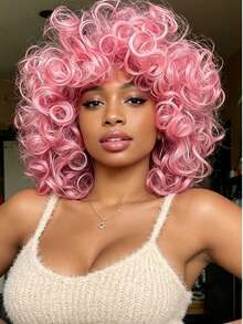 Afro Kinky Curly Wig ShortSynthetic With Bangs Black Bug Cheap Hair Halloween Heat Resistant Fiber For Africa America Women - Multicolor - View 17