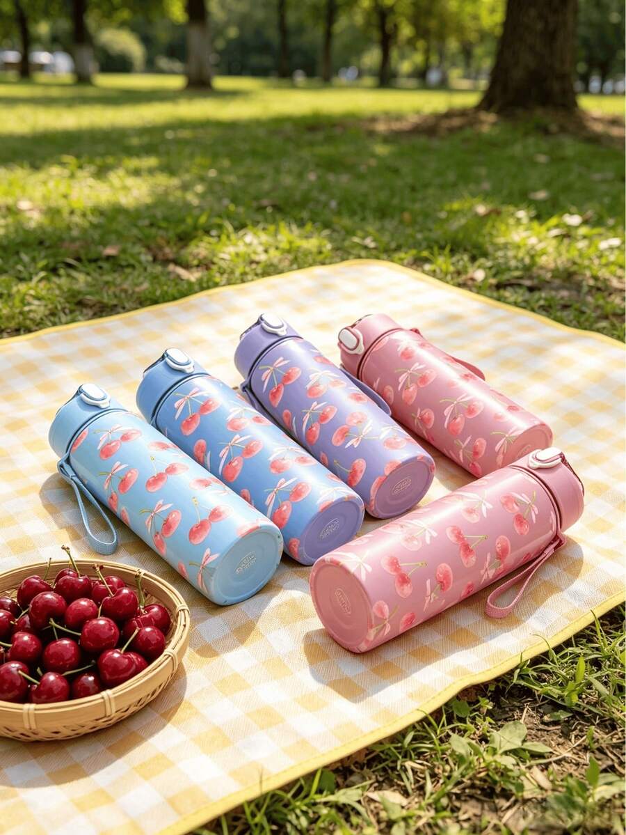 1pc/5pcs 750ml Double Cherry Pink Bow Print Sports Water Bottle, Flip Lid Design, Reusable Lightweight Leak-Proof Portable Travel Drinking Cup, Suitable For Outdoor Sports And Daily Use - Multi-colored Cherry Bow - View 1