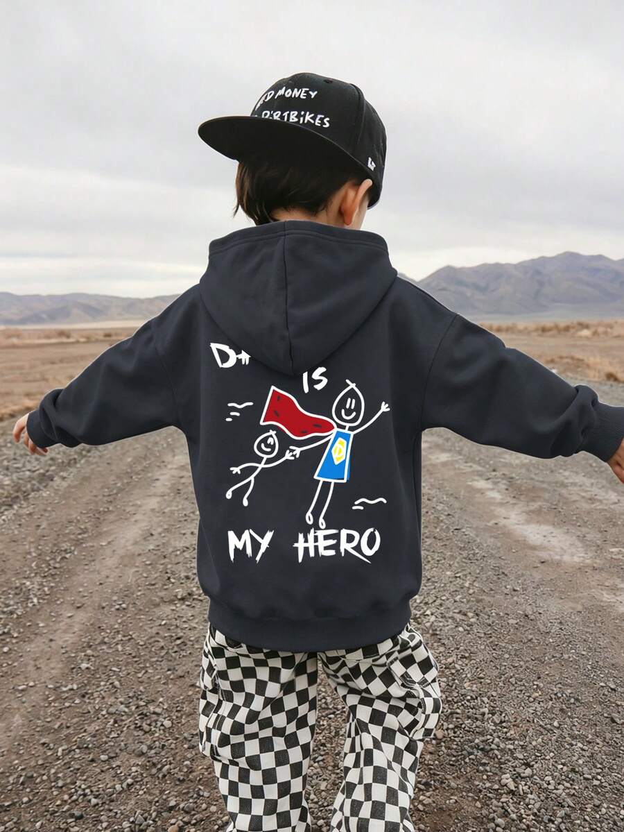 1pc Boys Casual Hoodie Printed With Two Line-Drawing Figures And Some English Words, Childlike Style Design New Autumn/Winter Boys' Comfortable Top - Dark Grey - View 1