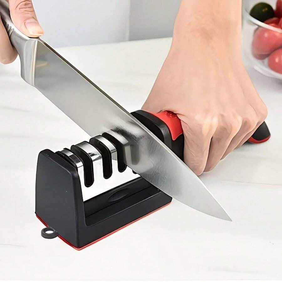 Afilador de cuchillos de cocina de 4 etapas, piedra de afilar manual multifunción de 3 usos en color negro para el hogar - A - Ver 1