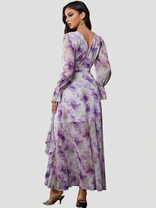 1 pieza Vestido maxi elegante de manga larga con cuello en V, estampado y volantes, vestido formal de lujo para fiesta de graduación, boda y cóctel para mujer - Morado - Ver 6