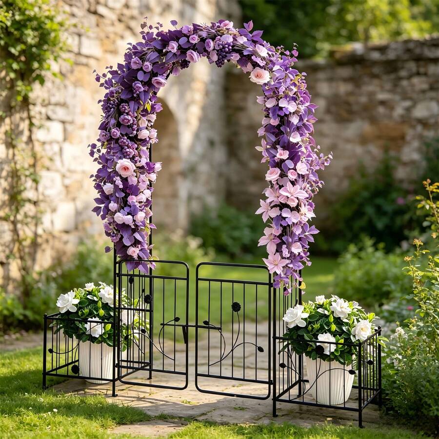Garden Arch With Gate, Heavy Duty Metal Arbor With Planting Frame, Rustproof Trellis For Climbing Roses, Vines, Grapevines - Black - View 1
