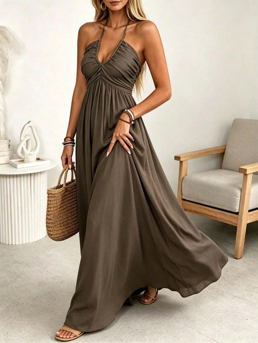 Wandoria Women's Brown Linen Blend Spaghetti Strap Tie Bow Front Ruffle Shirred A-Line Maxi Dress,Summer Casual Holiday Vacation Holiday Sundress - Coffee Brown - View 1