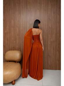Long, One-Shoulder Party Dress In Dark Nude, Flowing Style, For Bridesmaids/Dates/Graduations/Guests. - Terracotta - View 2