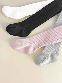 4 Pairs Girls All-Match Minimalist Ribbed Snug Fit Leggings, All-Season Versatile Base Layer Tights, Suitable For Girls' Daily Wear - Multicolor - View 3