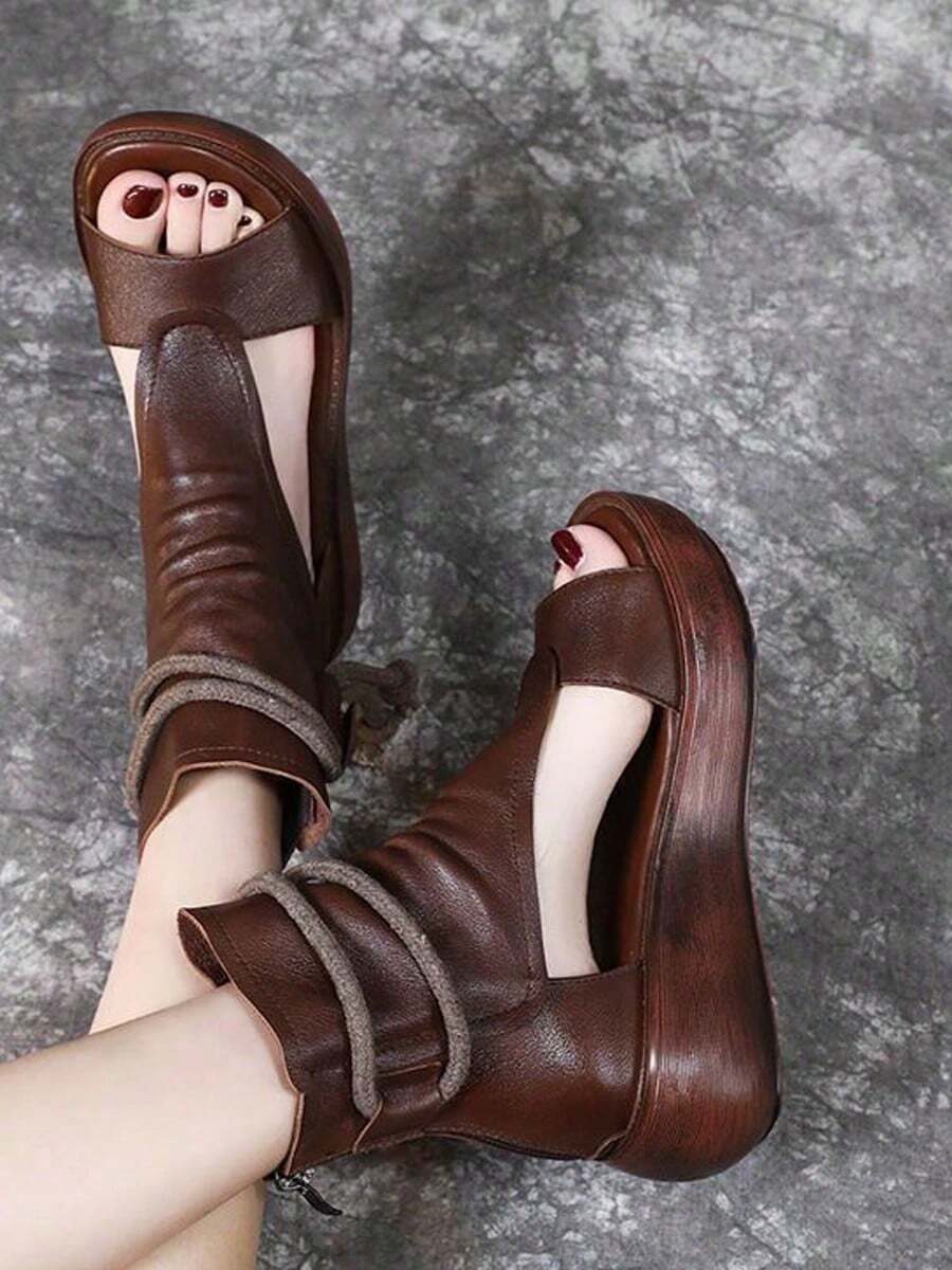 Romano zapatos de las mujeres de verano de moda casual nueva de alta altura pendiente con botas frescas de fondo grueso boca de pez - Marrón - Ver 1