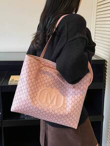 歐美女款通勤托特包 時尚單肩包 大容量極簡復古印花手提包 - 粉色 - 查看 5