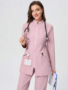 Solid Color Stand Collar Multi-Pocket Zipper Suit, Spring/Summer Women's Elegant Fashion Commuter Work Outfit, Ladies Office 2-Piece Set Pink Fall - Pink - View 9