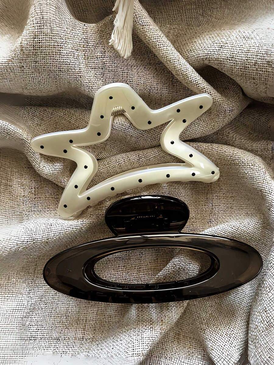 2pcs Women's White Star & Polka Dot And Brown Oval Large Hair Clips, Elegant Lightweight Plastic Hair Accessories, Suitable For Daily, Casual, Party, Commute, Beach, Ponytail, Updo Hairstyles, Matching Makeup And Summer Outfits Hair Claw Clips - Multicolor - View 1