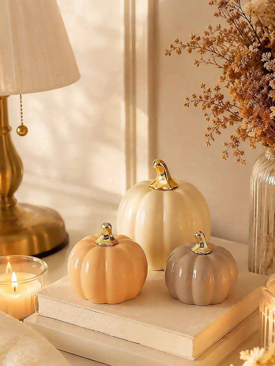 Fall Pumpkin Decor, 1 Pc Resin Thanksgiving Fake Pumpkin Figurines, White And Gold Pumpkins For Decorating, Fall Decorations For Home, Farmhouse, Harvest Table Centerpiece - Pumpkin Decoration - View 1