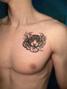 1 Sheet Men's Black Stippled Leopard Head Temporary Tattoo Stickers, Gentle Spotted With Leaves Dot Shading Waterproof Large Body Stickers For Arm Chest Rib Shoulder Decor - Black - View 2