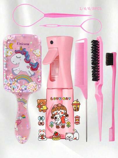 CHIGO Mini Cartoon Comb And Cartoon Pattern Continuous Spray Bottle Set - 4/6/8 Pieces, Brush, Hairbrush, Edge Brush, Comb, Detangling Brush, Ball Brush, Mini Hairbrush, Hairbrush Set, Barber, Hairdressing Tools, Hairdressing Products, Suitable For Back To School, Halloween, Christmas Gifts